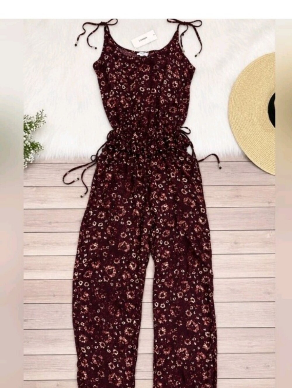 Tavik Boho Cottagecore Burgundy Floral Wide Leg Jumpsuit Tie Strap Fairycore M